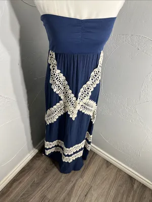 Judith March Navy Strapless Maxi Dress with Cream Lace thumbnail 4