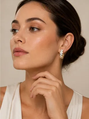 NEW Gold-Tone Hoop Earrings with White Enamel Inlay thumbnail 2