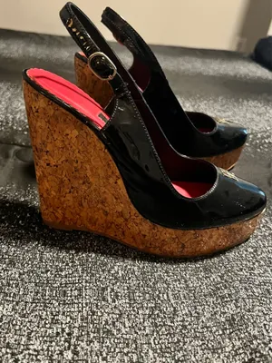 Womens 36 CH Carolina Herrera black slingback high cork platform wedge heel thumbnail 2