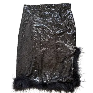Beulah Style Black Sequin Midi Skirt with Feather Trim Side Slit Size Medium NEW thumbnail 3