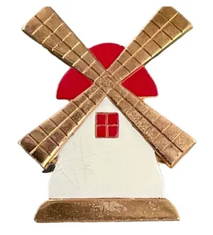 Vintage brass copper enamel windmill brooch. Red thumbnail 1