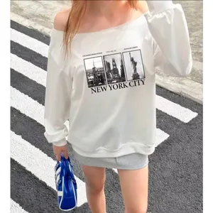 Shein Women’s XS White NYC Graphic Sweatshirt Off Shoulder Times Square Liberty thumbnail 5