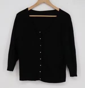 Womens Black V-Neck Button Front Cardigan 3/4 Sleeve Silver Dome Buttons thumbnail 1