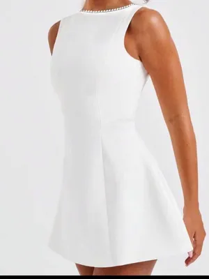 White Sleeveless A-Line Dress with Pearl Trim thumbnail 5