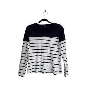 Shein Striped Top White Black Contrast Ribbed Fitted Long Sleeve thumbnail 2