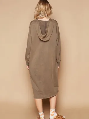 POL Vintage Washed V-Neck Long Sleeve French Terry Hoodie Lounge Dress Taupe thumbnail 2