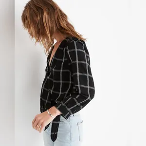 Madewell Viscose Wrap Side Tie Cropped Top in Black & White Windowpane Size XXS‎ thumbnail 4