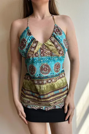 Printed Vintage Graphic Blue and Green Halter Top‎ thumbnail 1