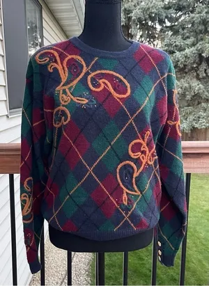 Vtg JH Collectibles Argyle Wool Sweater Gold Buttons Women’s Medium Academia thumbnail 1