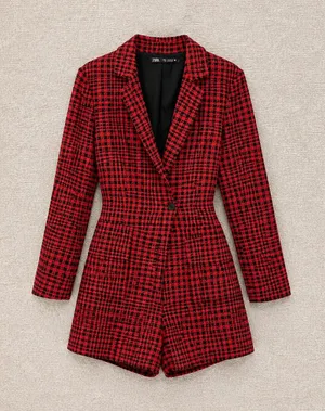 Zara Women Blazer Romper Small Red Black Houndstooth Long Sleeve Button Front thumbnail 1