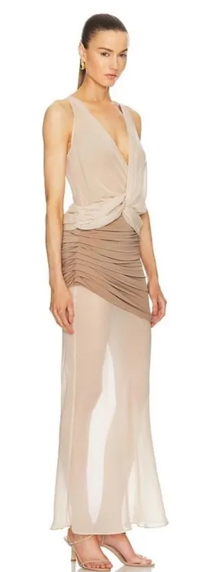L'Academie Sleeveless Two Tone Beige Tan Chiffon Overlay Formal Evening Gown S M thumbnail 1