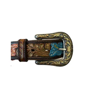 Nocona Womens Floral Tooled Leather Belt Rhinestone Hibiscus Western Brown Large thumbnail 3