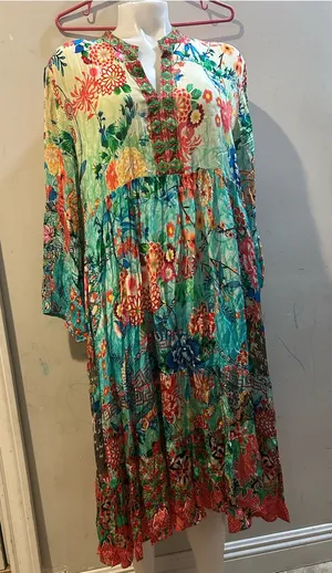 Vibrant Floral Tiered Maxi Dress in Teal and Coral thumbnail 1