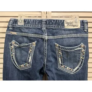 Rock & Roll Cowgirl‎ Bootcut Denim Jeans Pocket Beads Embroidered Gems Sz 29x32 thumbnail 4