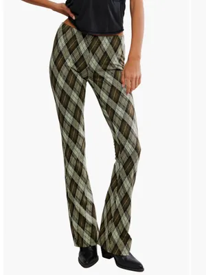 NWT Free People Chloe Plaid Flare Leg Knit Pants Small, OLIVE COMBO thumbnail 4