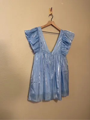 Storia Deep V-Neck Sheen Mini Dress in Sky Blue Size Medium NWT thumbnail 4