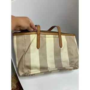 Fossil striped Sydney shopper Tote Bag Womens Large Tan Cream Striped Canvas thumbnail 5