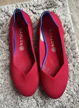 Rothy's Red Knit Pointed Ballet Flats with Blue Trim thumbnail 1
