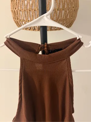 Iris Brown Ribbed Halter Top with Sheer Hem thumbnail 2