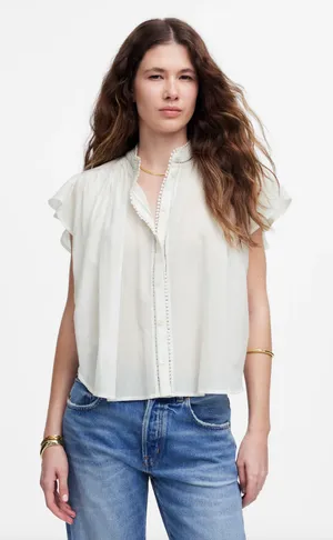 Madewell Shirred Lace Trim Top Blouse Cotton Viscose Lightweight White Small NWT thumbnail 1