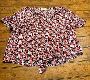 Michael Kors Floral Print V Neck Button Front Tie Waist Blouse Top‎ Women's L thumbnail 1