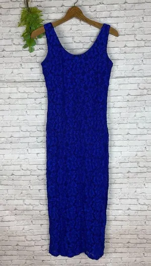 Vintage Cobalt Blue Lace Bodycon Maxi Evening Dress thumbnail 2