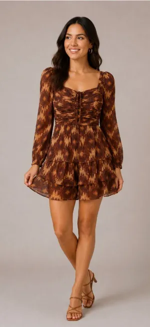 House of Harlow 1960 Dress Womens Medium Brown Ikat Print Long Sleeve Mini Boho thumbnail 1