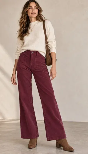 Faherty Womens 26 Burgundy Corduroy Wide Leg Pants High Rise Patch Pocket thumbnail 1