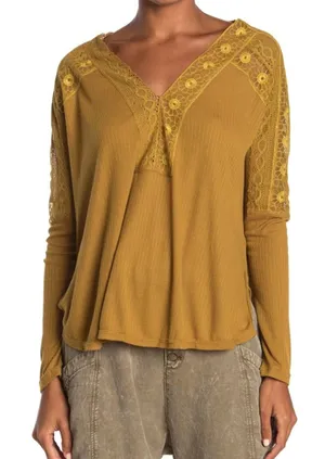Free People Lola Lace Trim V-Neck Top Alchemy Mustard Yellow Large thumbnail 1