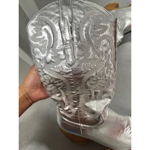 Metallic Silver Western Cowboy Boots with Embroidered Detail and Block Heel thumbnail 3