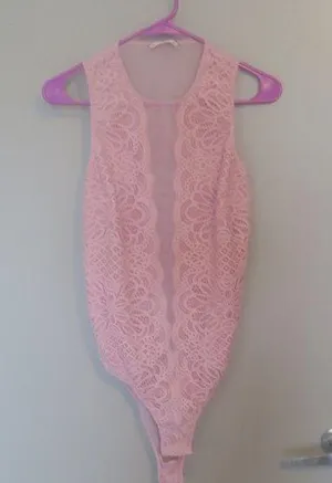 Victoria's Secret lacey illusion top mesh sexy lingerie bodysuit in pink. thumbnail 1