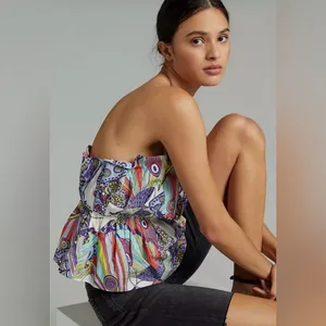 Anthropologie Diana Ruffled Smocked Strapless Tube‎ Top Abstract Print Size XS thumbnail 5
