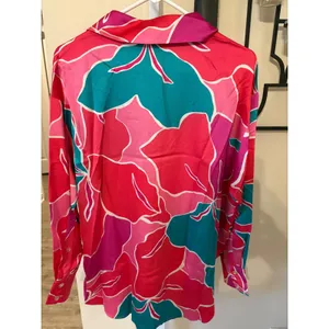 Entro Women Pink Teal Abstract Floral Satin Button Down Blouse Long Sleeve Small thumbnail 6