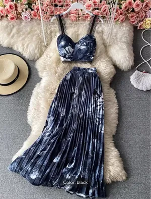 Navy blue floral two piece set Black thumbnail 1