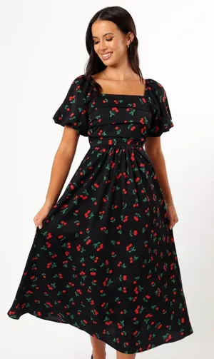 Petal & Pup Chlo Cherry Print Puff Sleeve Midi Dress Size Large Smocked Retro thumbnail 1