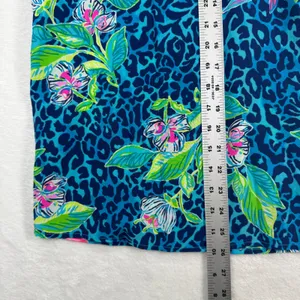 Lilly Pulitzer Elsa Blouse‎ Womens Medium Blue Silk Leopard Floral Smocked Top thumbnail 4