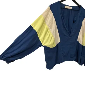 Free People We The Free Top Beating Hearts Colorblock Linen Blend Blue Sz Small thumbnail 3