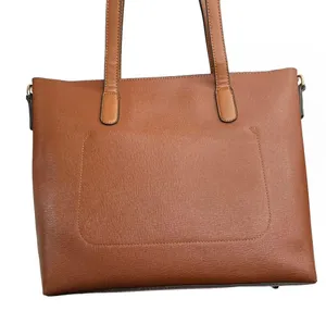Faux Leather Brown Double Handle Red Lined Tote Bag Purse thumbnail 7
