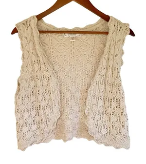 DECREE Beige Cream Crochet Open Front Vest XL Cropped Boho Festival Beach Summer thumbnail 1