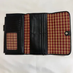 Dockers Black Leather Tri-Fold Continental Wallet Plaid Lining Checkbook Holder thumbnail 2