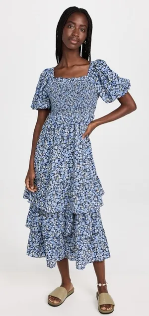 NWT English Factory tiered ruffle floral texturized maxi dress puff‎ sleeve sz M thumbnail 1