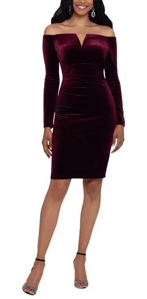 NWT X By Xscape Velvet Long Sleeve Off-The-Shoulder Sheath Dress Burgundy Red 16 thumbnail 1