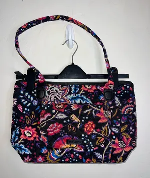 Vera Bradley Black Quilted Tote with Pink, Purple and Blue Floral Print thumbnail 1