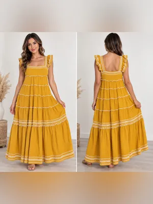 Olivaceous Mustard Yellow Tiered Ruffle Boho Maxi Dress Size S thumbnail 2