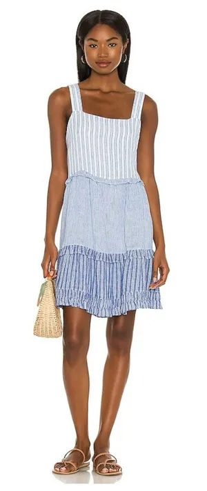 Rails Sandy Mixed Coastal Blue White Ruffled Tiered Linen Dress Sz Small 3025 thumbnail 1