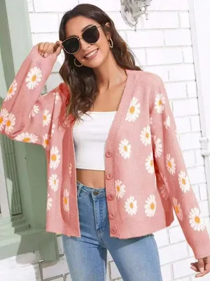 SheIn Hot pink Daisy floral print open front button cardigan sweater thumbnail 1