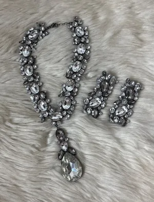 Dark Silver Tone Rhinestone Chunky Statement Necklace & Earring Set thumbnail 1