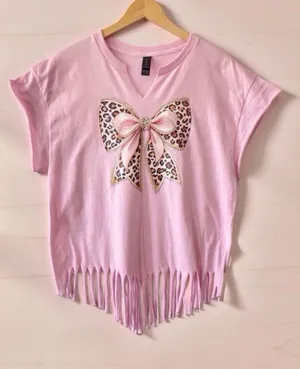 Handmade Pink Leopard Bow Fringe Graphic Tee L homemade thumbnail 1