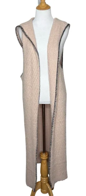 Fashion Apparel Sleeveless Fuzzy Hooded Pink Duster Sweater Vest Cardigan S/M thumbnail 1