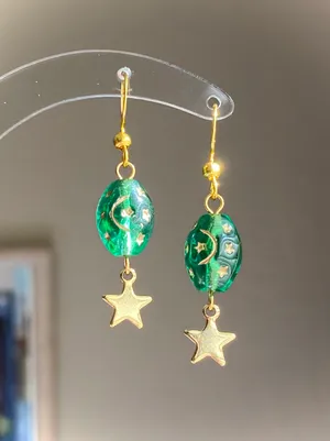 boho vintage fairy whimsical style quality Czech glass moon/star beads dangle earrings🌝🌠💚⭐️ thumbnail 1